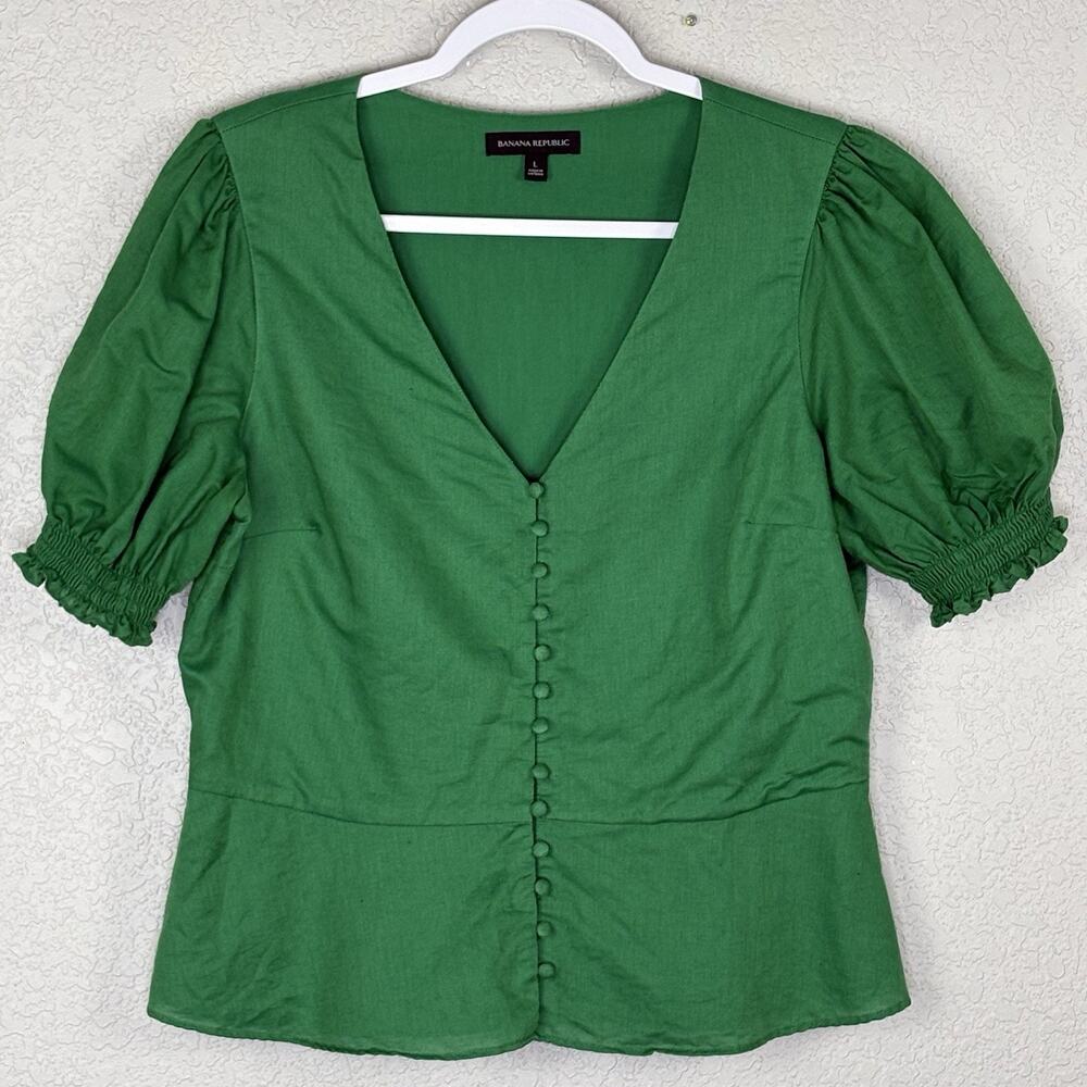 Banana Republic Green V‑Neck Button Front Puff Sleeve Blouse